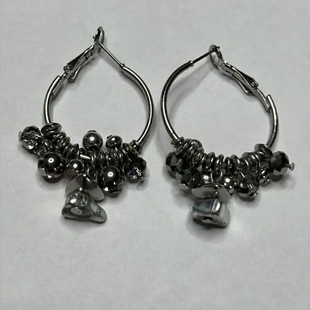 Silver Tone Hoops with Silver Stones & Beads